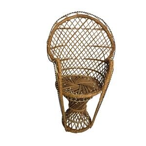 Mini Peacock Wicker Fan Back Rattan Chair 16” Doll Plant Stand Boho Hippie Decor